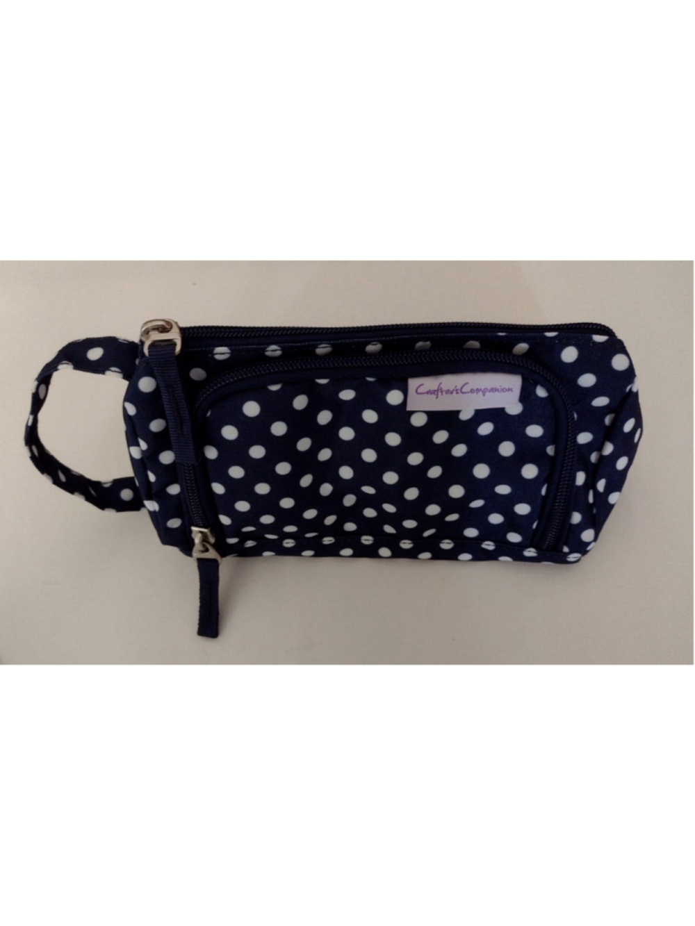 Crafter's Companion Vinyl Zippered Craft Bag Wristlet Navy Blue White polka dots